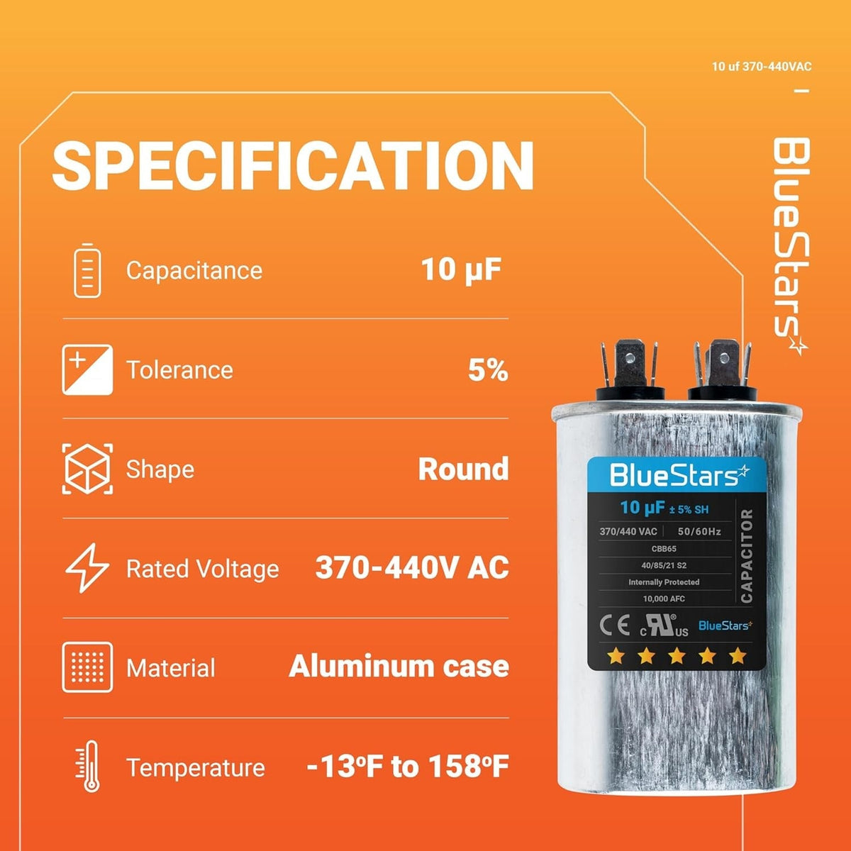 10 uF ±5% 370/440V CBB65 Oval Run Start Capacitor for AC Fan Motor & Pool Pump