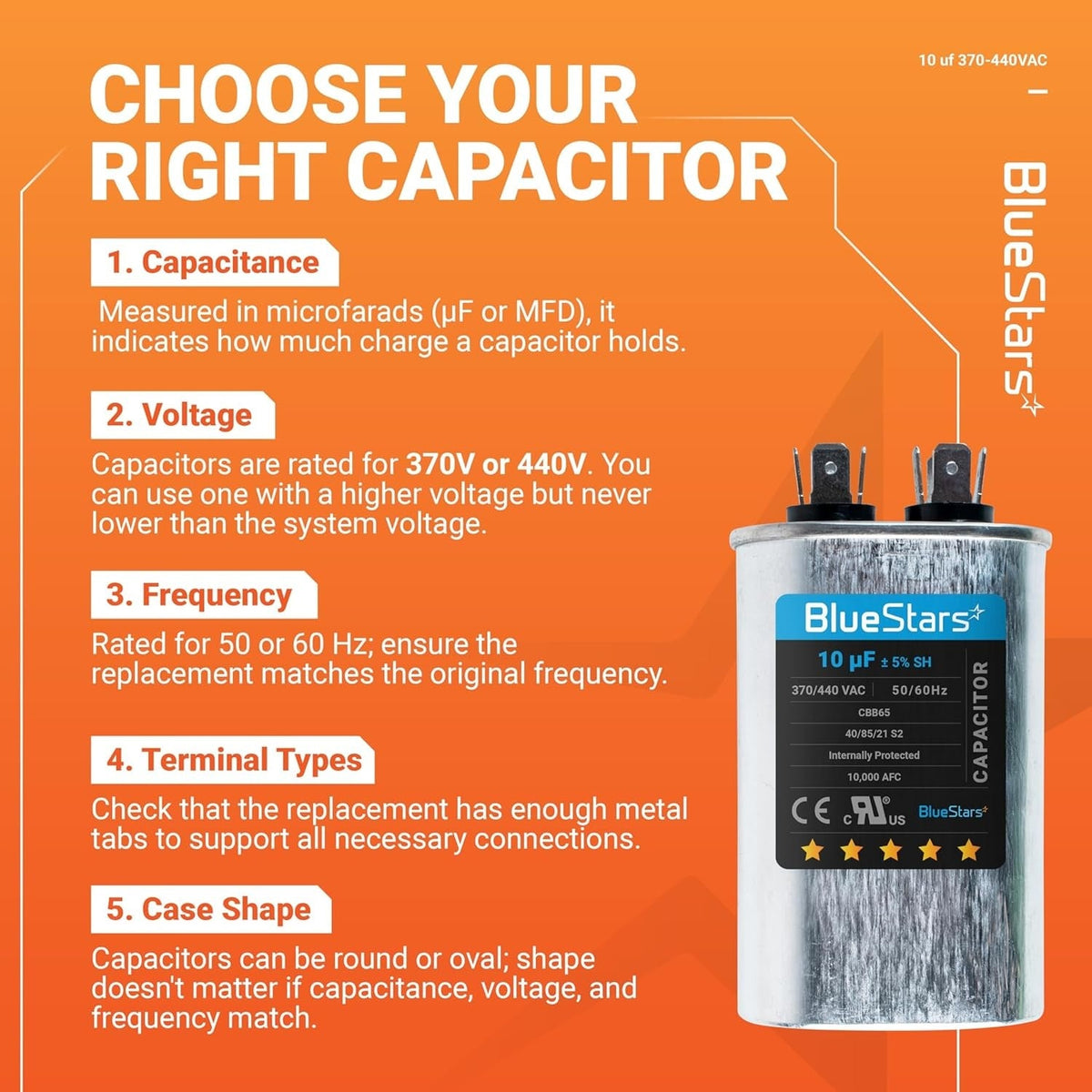 10 uF ±5% 370/440V CBB65 Oval Run Start Capacitor for AC Fan Motor & Pool Pump