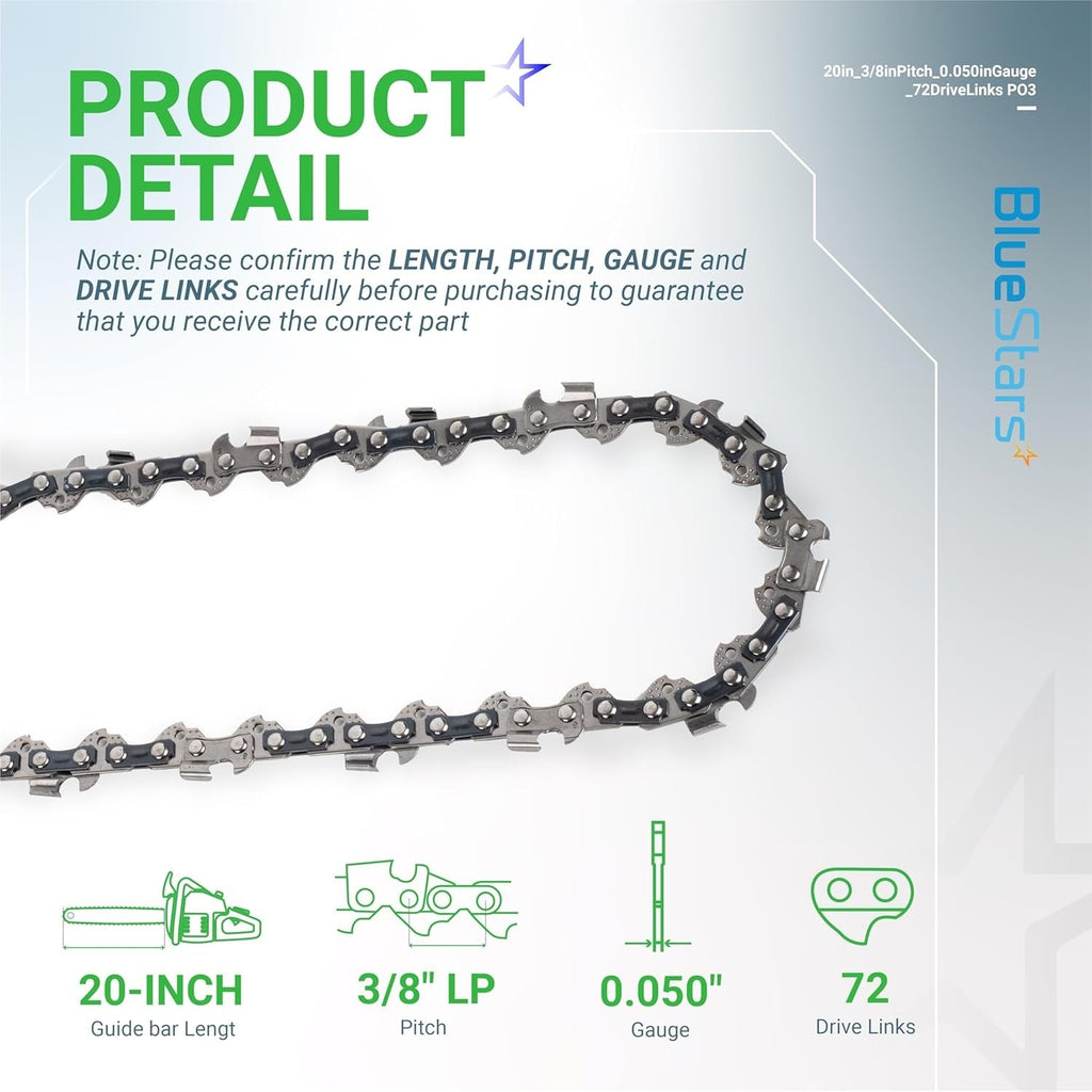 20" Chainsaw Chain, 3/8" LP, .050" Gauge, 72 Drive Links - 3 Pack