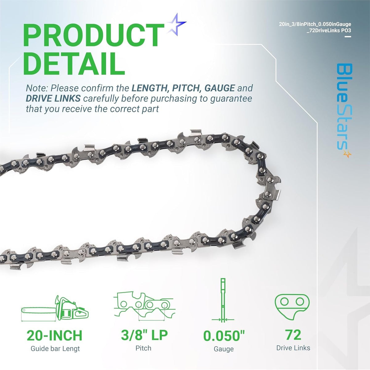 20" Chainsaw Chain, 3/8" LP, .050" Gauge, 72 Drive Links - 3 Pack