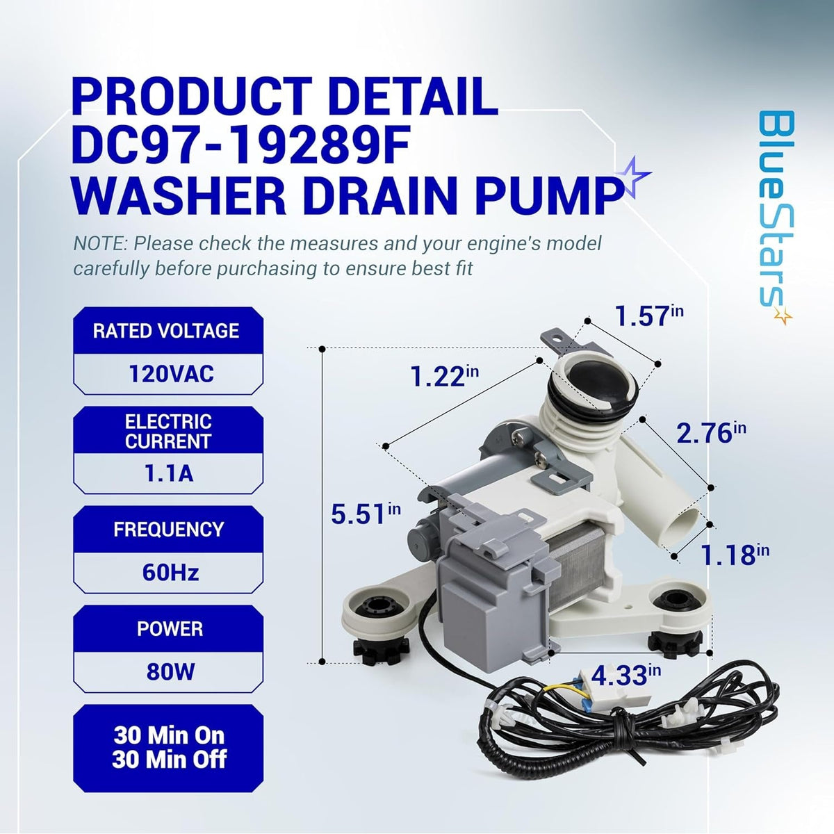 DC97-19289F Washer Drain Pump - For Samsung - Replaces DC97-17349B DC97-17366A