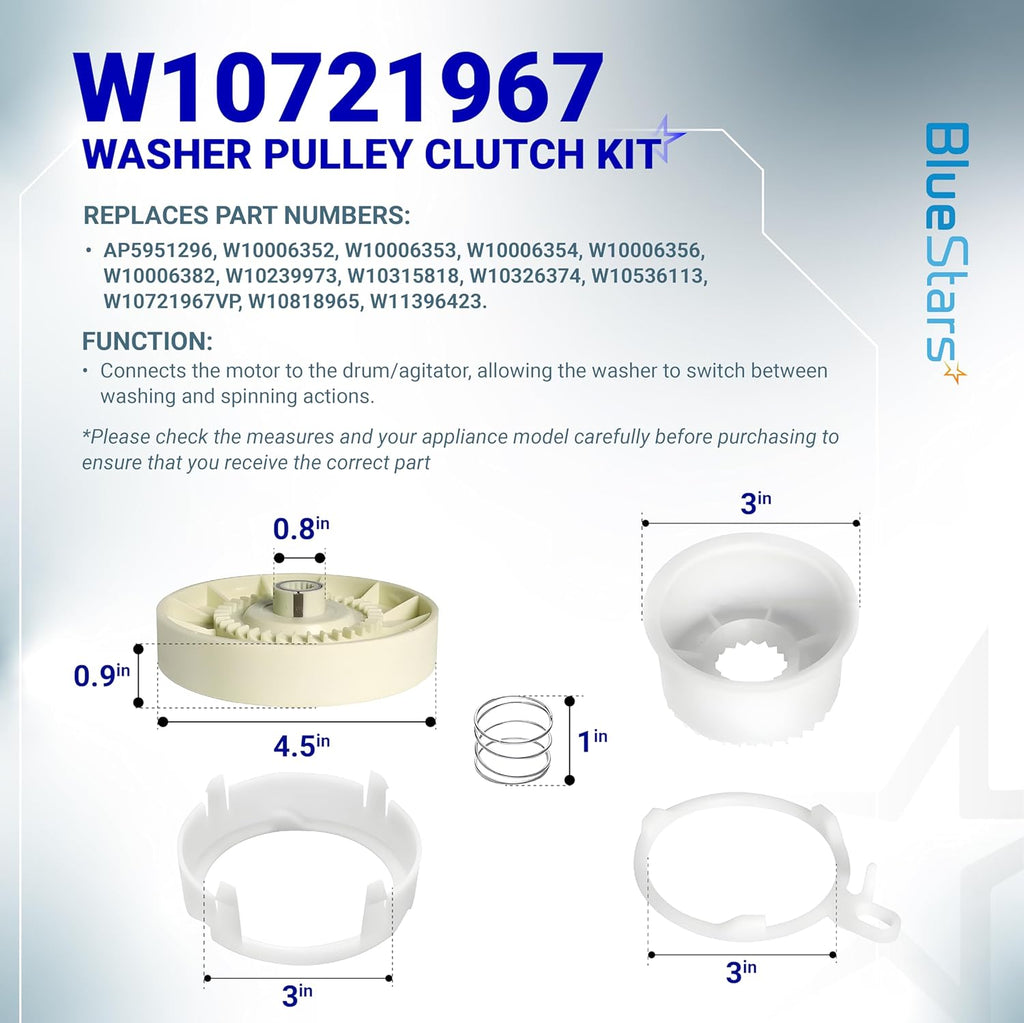 W10721967 Washer Pulley Clutch Kit & W10006384 Drive Belt for Whirlpool Kenmore Maytag