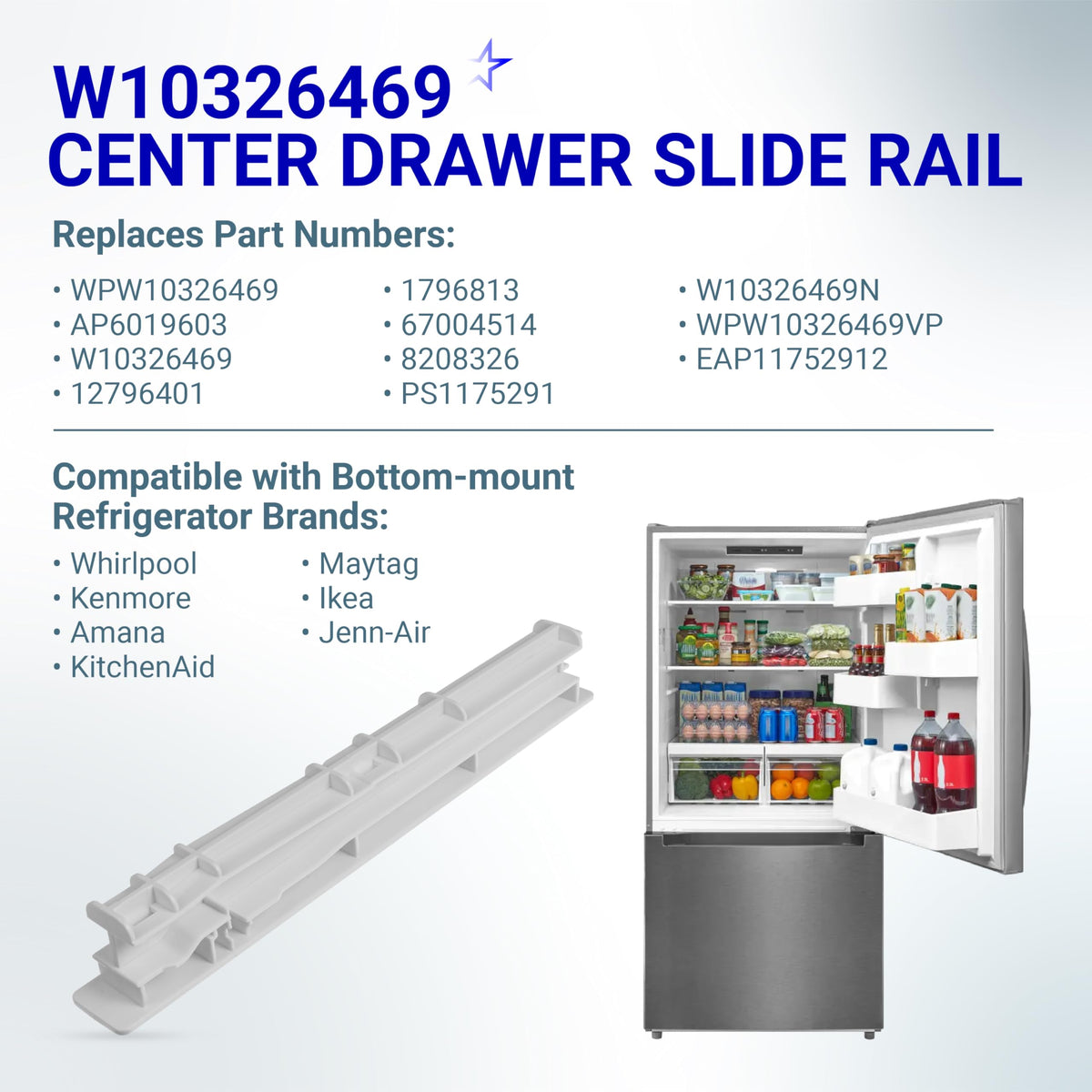 W10326469 Refrigerator Center Drawer Slide Rail, Whirlpool Maytag KitchenAid Amana JennAir