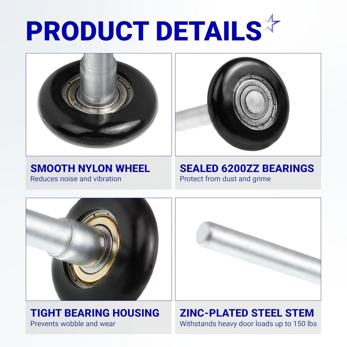 1.8" Nylon Garage Door Rollers, 4.7" Stem, 6200ZZ Bearing, 2" Track - 24 Pack