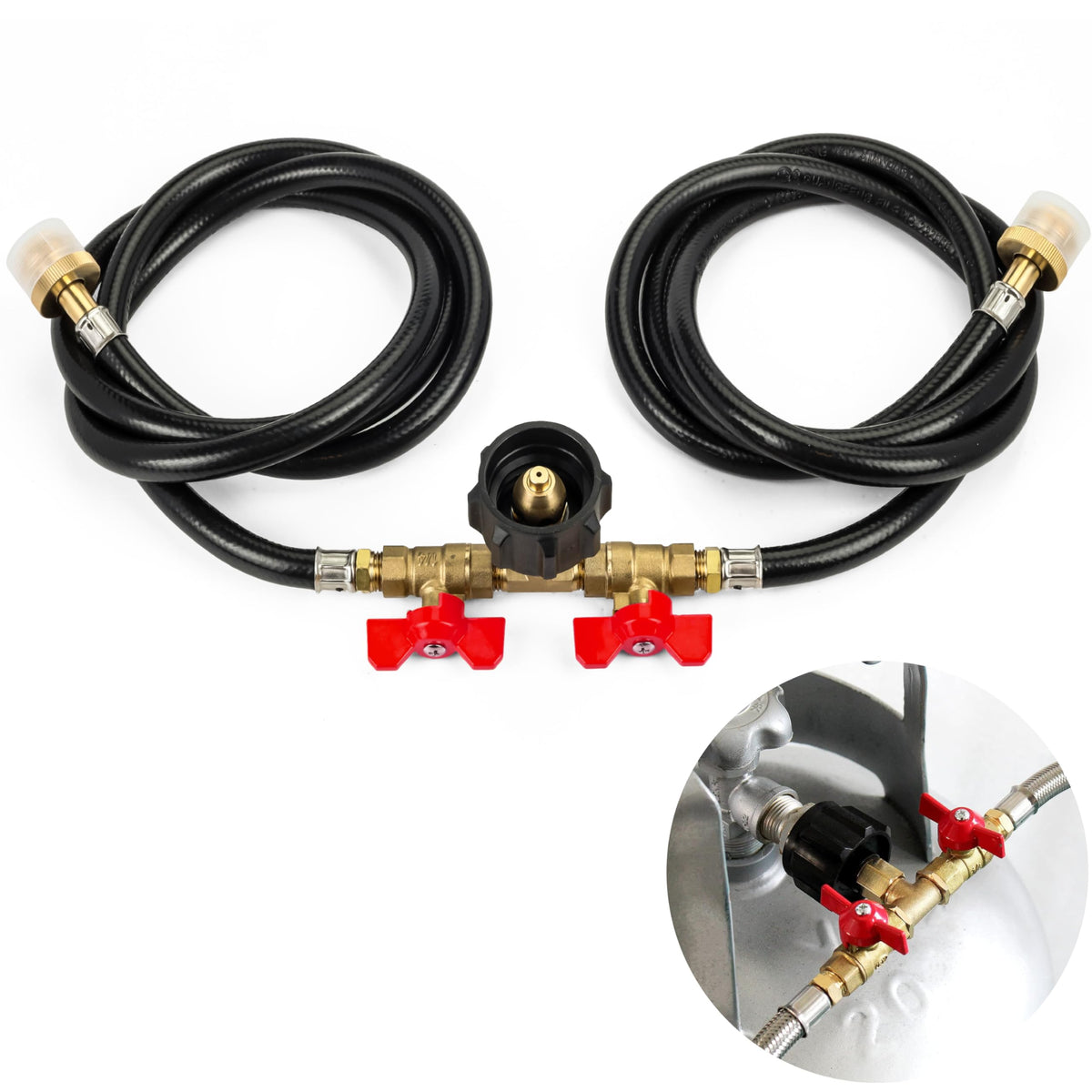 5FT Propane 2-Way Y Splitter Adapter Hose - 1lb to 20lb Converter with Shut Off Valve