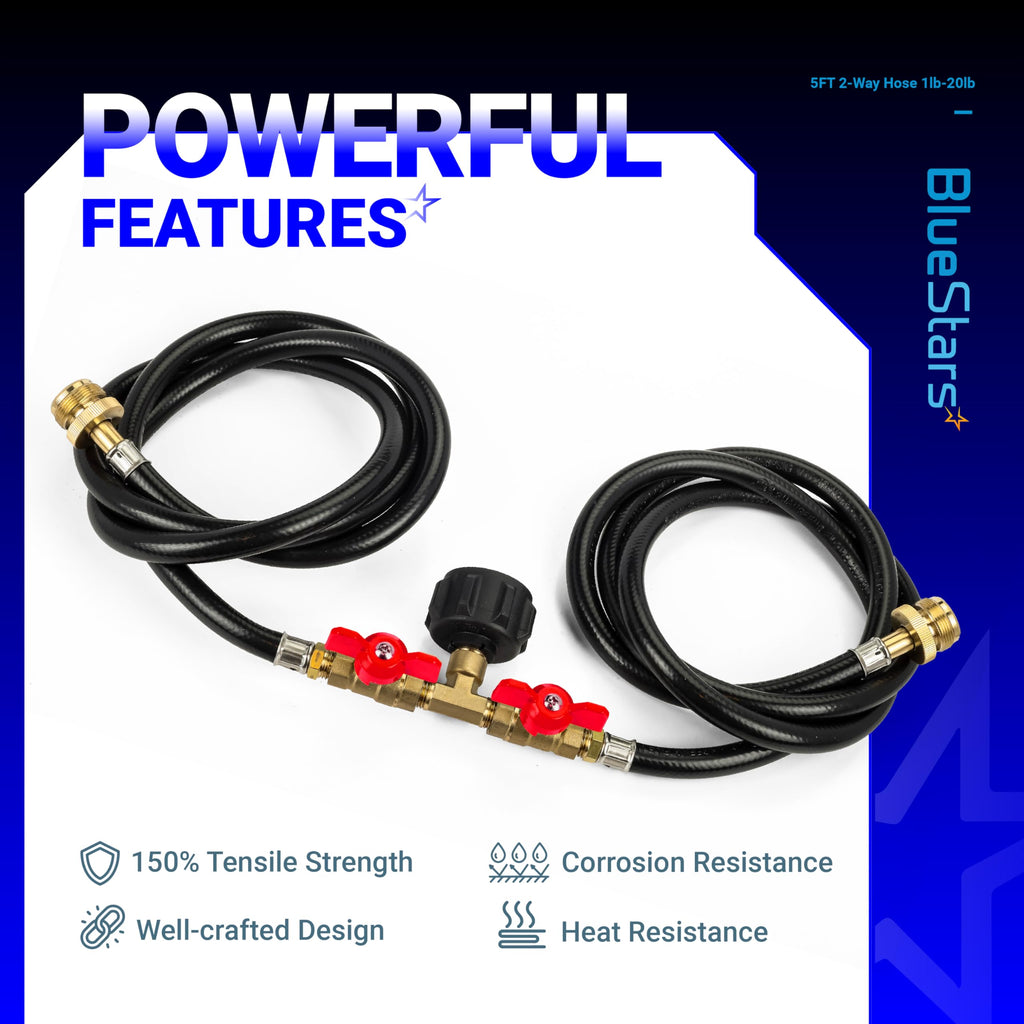 5FT Propane 2-Way Y Splitter Adapter Hose - 1lb to 20lb Converter with Shut Off Valve