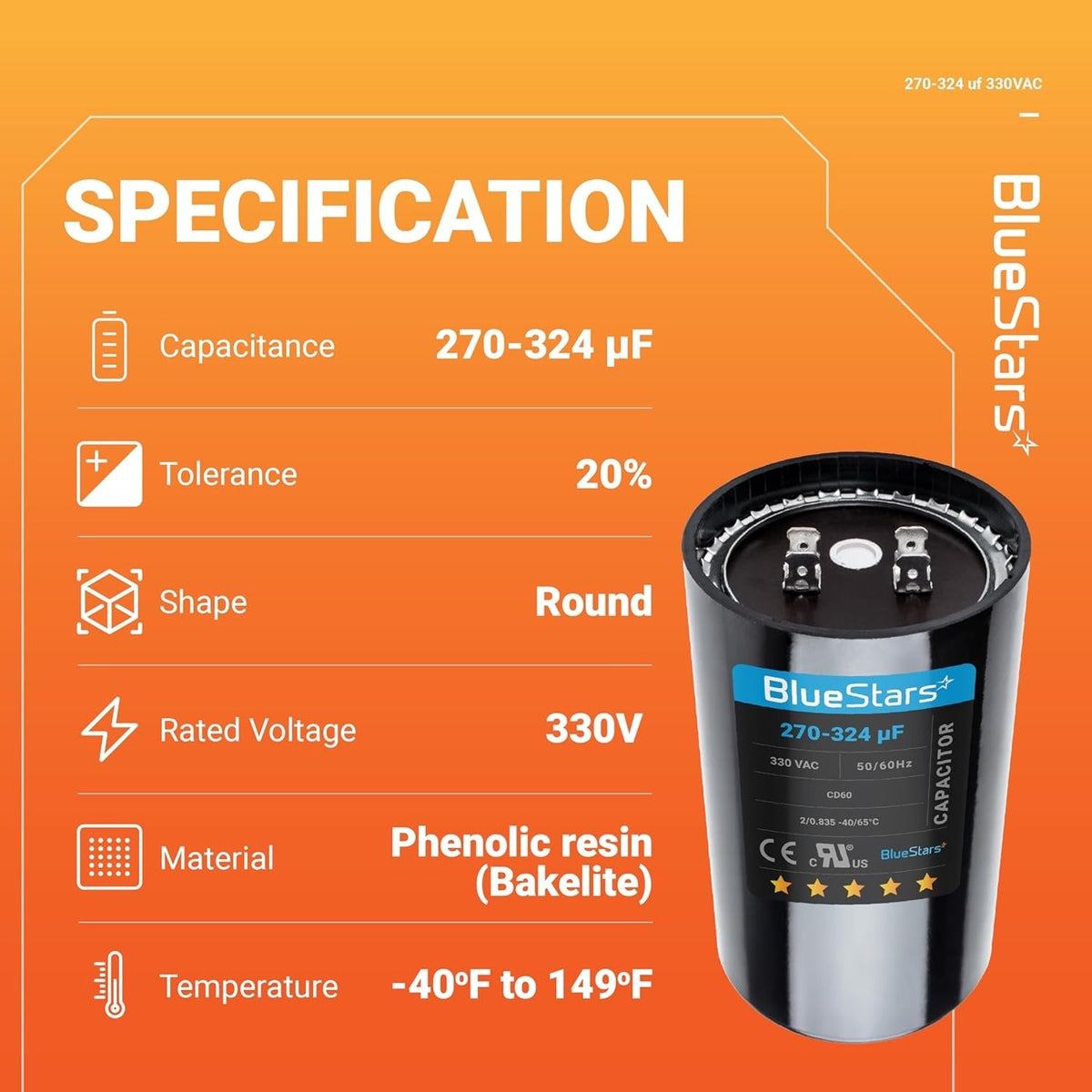 270-324 uF 330VAC Round Start Capacitor for AC Heat Pump Condensers