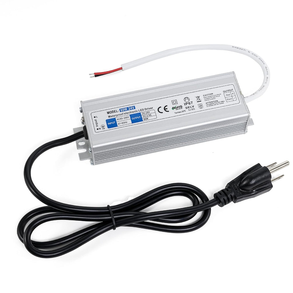 60W 24V LED Power Supply 2.5A with 3-Prong Plug AC 100-260V to 24V DC IP67