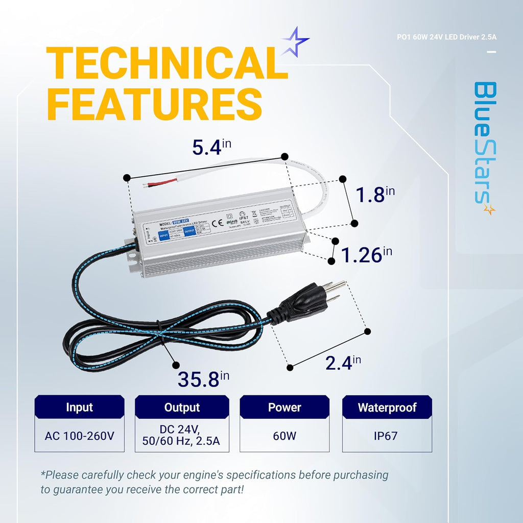 60W 24V LED Power Supply 2.5A with 3-Prong Plug AC 100-260V to 24V DC IP67