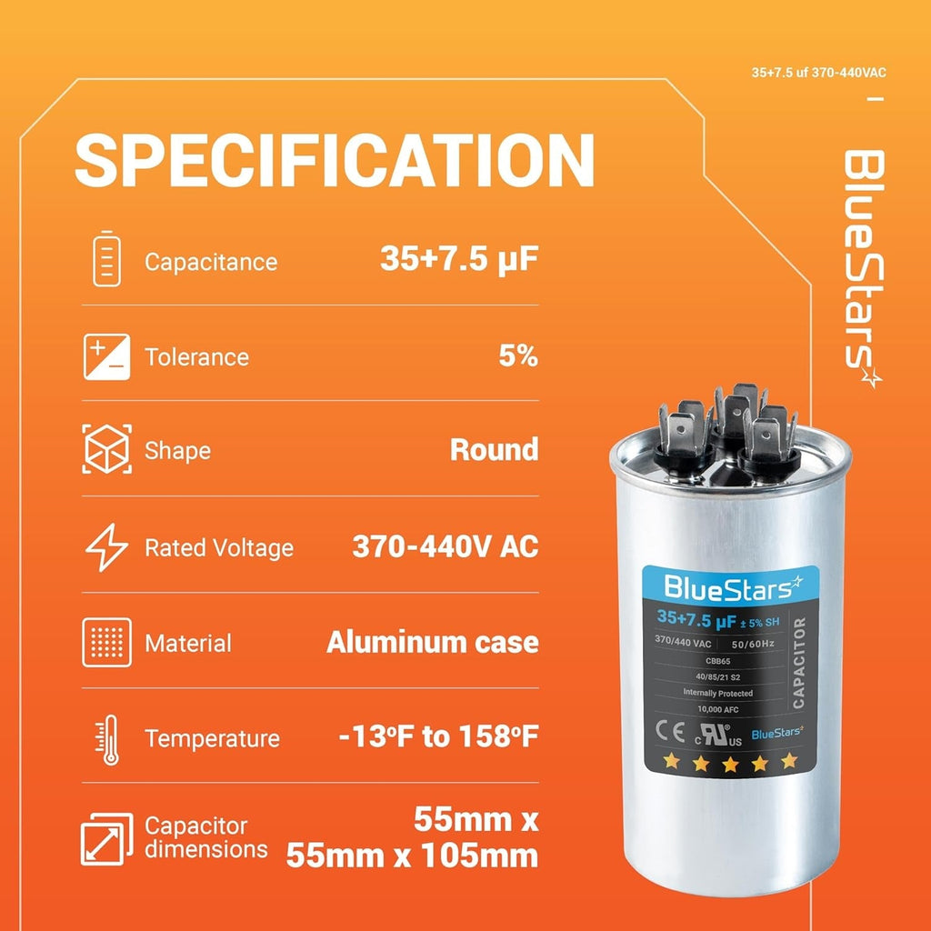 35+7.5 uF 370/440VAC CBB65B Dual Run Capacitor - Replaces TRCFD3575 Z97F9830