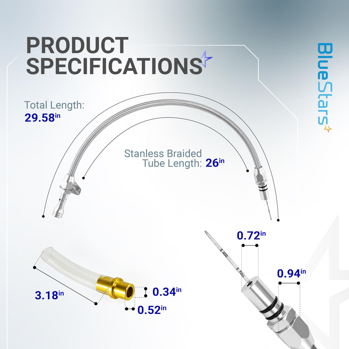 TH350 TH400 700R4 Transmission Dipstick Tube, Flexible Braided Hose, Chevy GM SBC BBC