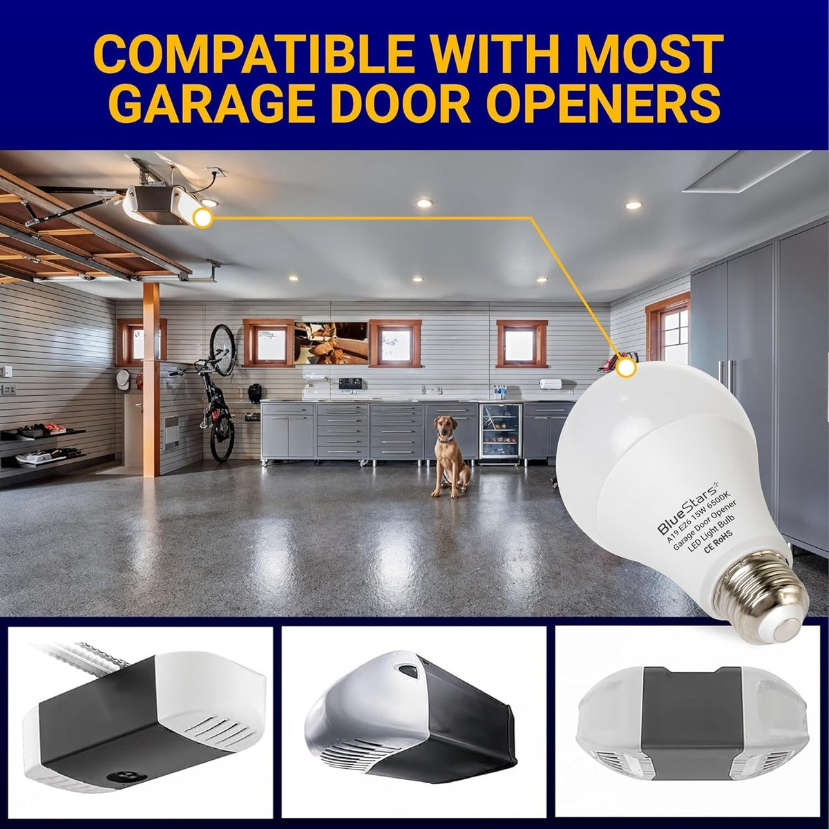 Garage Door Opener LED Bulbs, 15W 100W Equivalent, 1500Lm, 6500K, E26 - 4 Pack