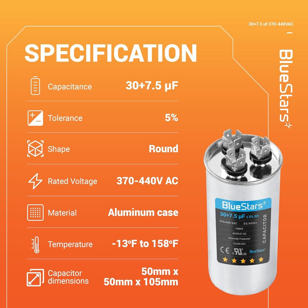 30+7.5 uF 370/440VAC ±5% Dual Run Capacitor for Condenser Heat Pump