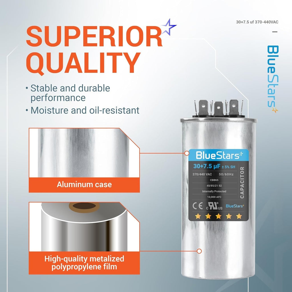 30+7.5 uF 370/440VAC ±5% Dual Run Capacitor for Condenser Heat Pump