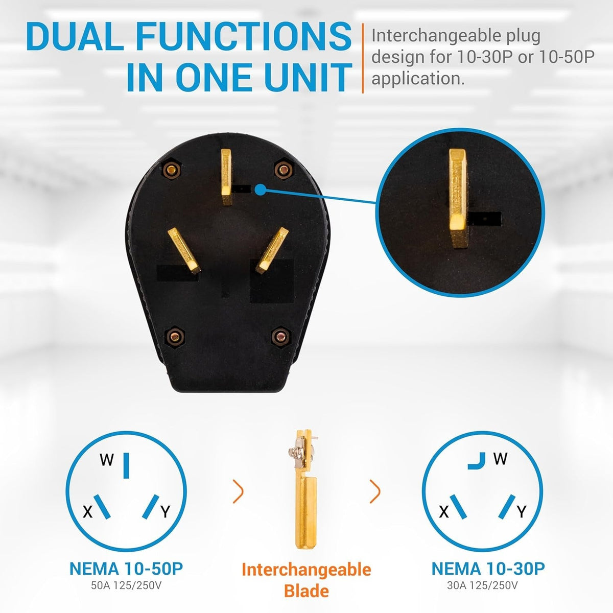 NEMA 10-30P & NEMA 10-50P Interchangeable Straight Blade Angle Plug