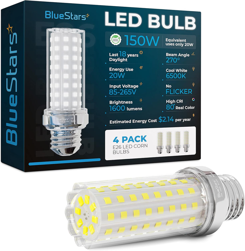 20W E26 LED Corn Light Bulb (150W Equivalent) - 1600 Lumens, 6500K Daylight White - 4 Pack