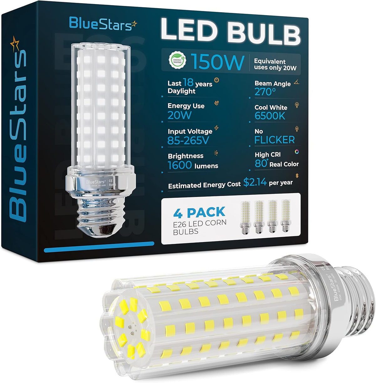 20W E26 LED Corn Light Bulb (150W Equivalent) - 1600 Lumens, 6500K Daylight White - 4 Pack
