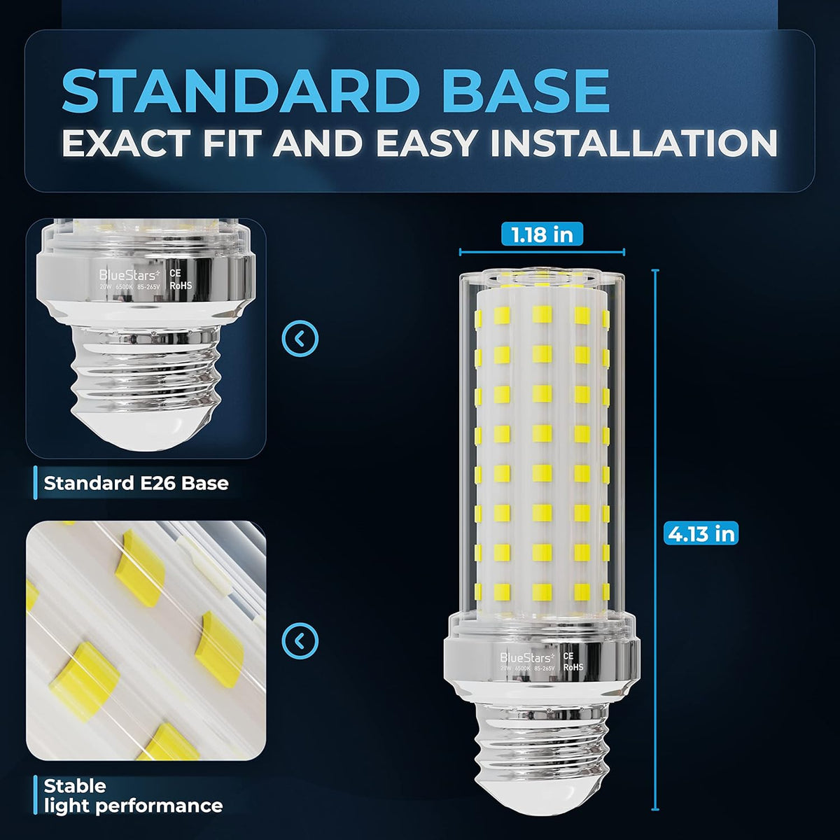 20W E26 LED Corn Light Bulb (150W Equivalent) - 1600 Lumens, 6500K Daylight White - 4 Pack