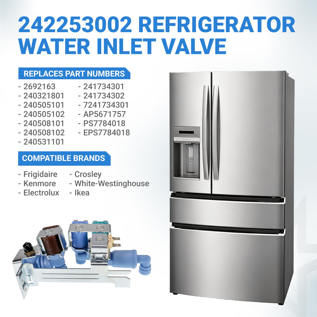 242253002 Refrigerator Water Inlet Valve, Frigidaire Electrolux Kenmore Crosley