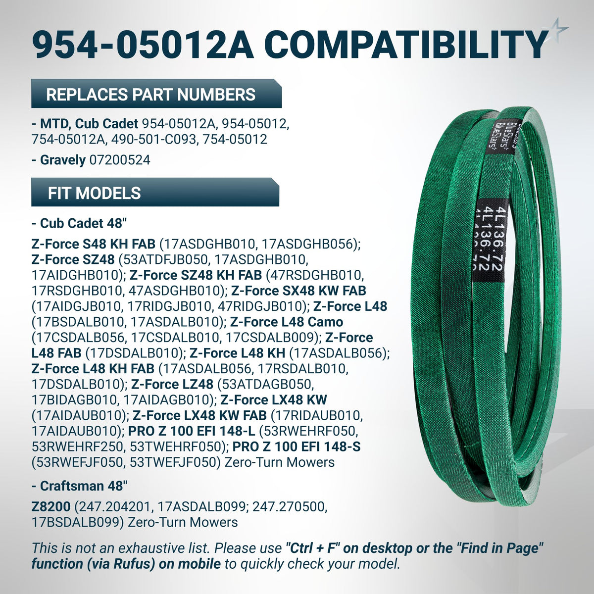 [Grip120] 954-05012A Deck Belt for 48" Deck MTD Cub Cadet S48 SZ48 Gravely - 1/2”x136.72"