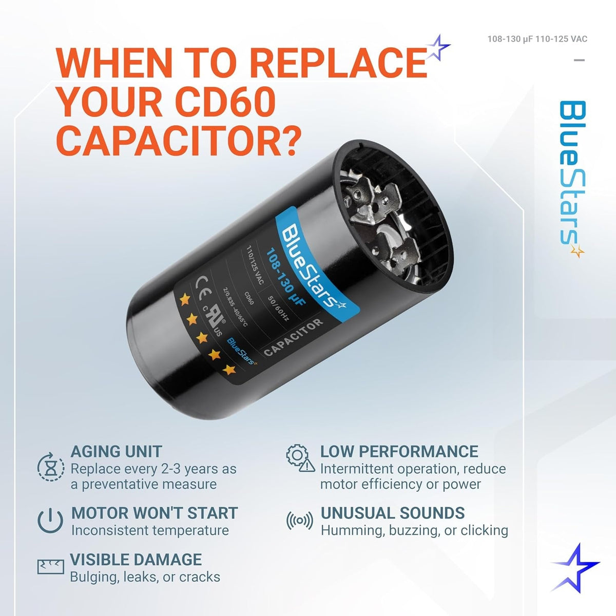 108-130 uF 110-125VAC ±20% CD60 Start Capacitor for Pool & Well Pumps