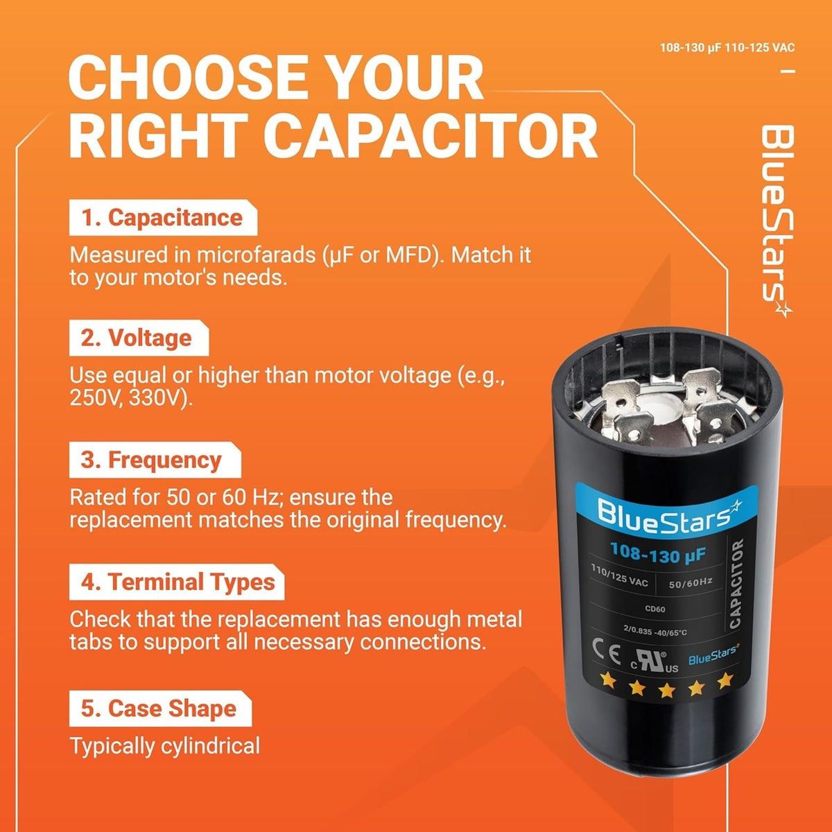 108-130 uF 110-125VAC ±20% CD60 Start Capacitor for Pool & Well Pumps