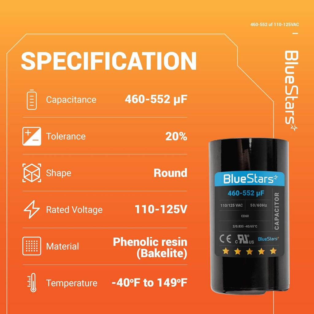 460-552 uF 110-125V CD60 Round Start Capacitor for AC Motor, Fan & Heat Pump