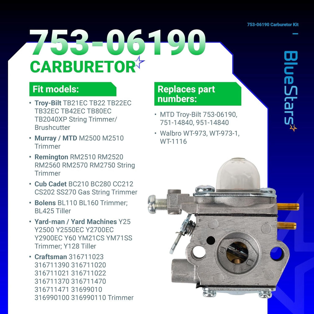 753-06190 Carburetor - Fits Troy-Bilt TB22 TB21EC TB22EC TB32EC Murray