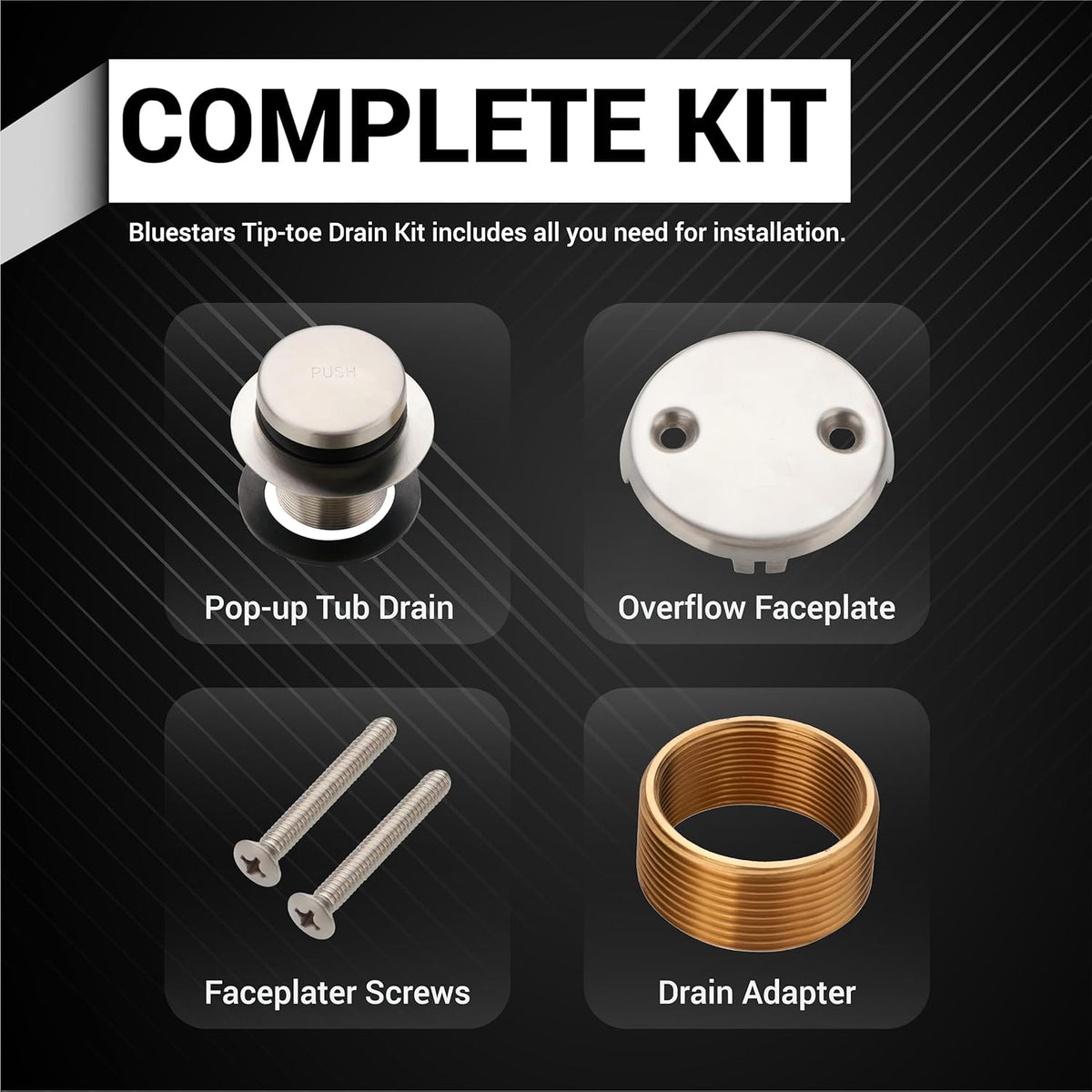 Tip-Toe Tub Trim Kit with 2-Hole Overflow Faceplate, 1.40"-1.50", Nickel