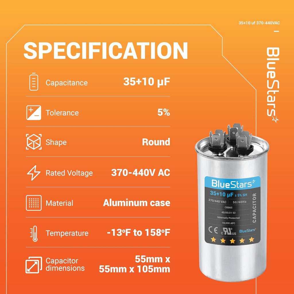 35+10 uF 370/440VAC ±5% CBB65 Dual Run Capacitor for Condenser Heat Pump