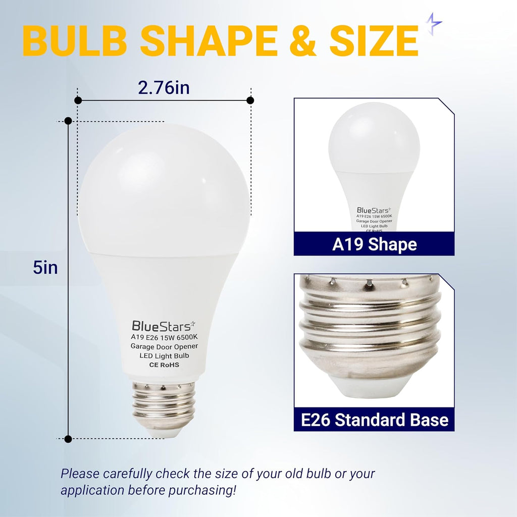 15W A19 E26 LED Garage Door Opener Bulb 1500LM 120V 100W Equivalent - 2 Pack