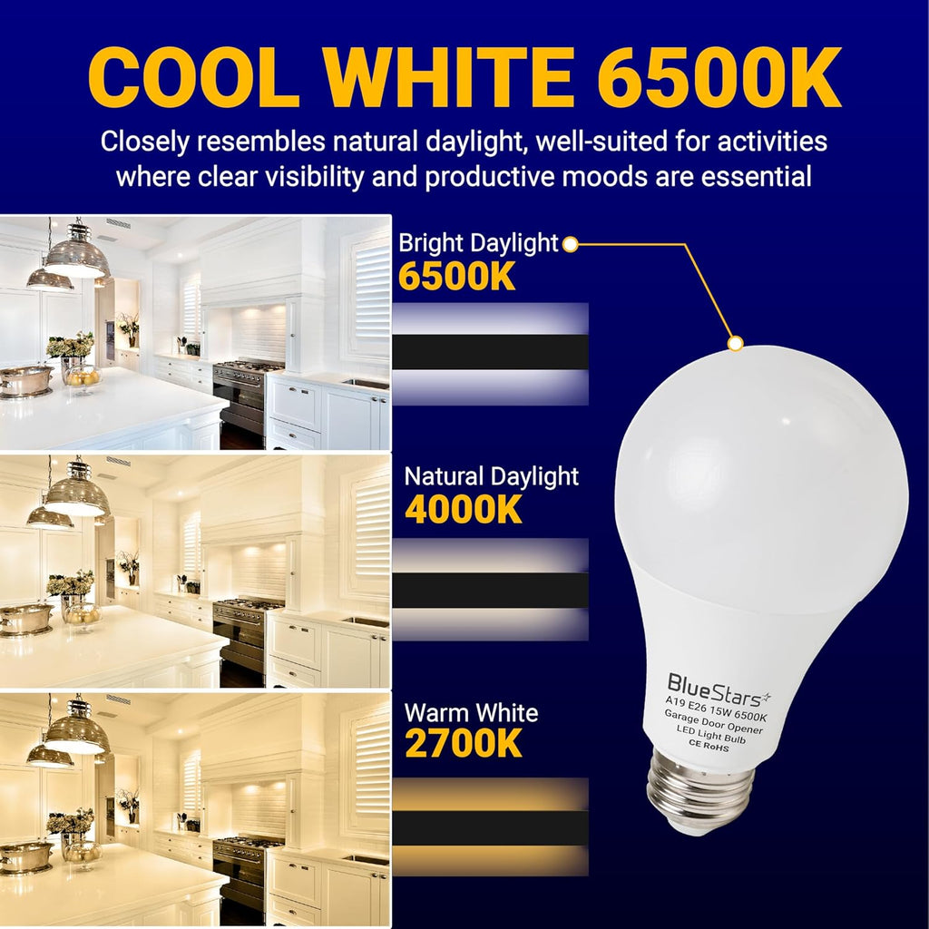 15W A19 E26 LED Garage Door Opener Bulb 1500LM 120V 100W Equivalent - 2 Pack