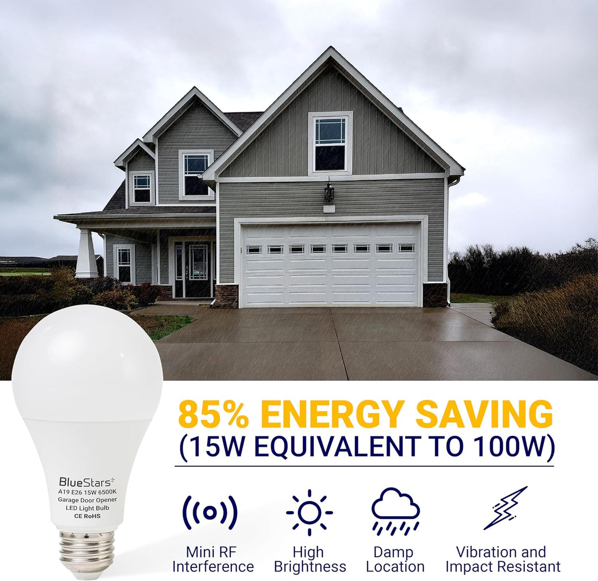 15W A19 E26 LED Garage Door Opener Bulb 1500LM 120V 100W Equivalent - 2 Pack