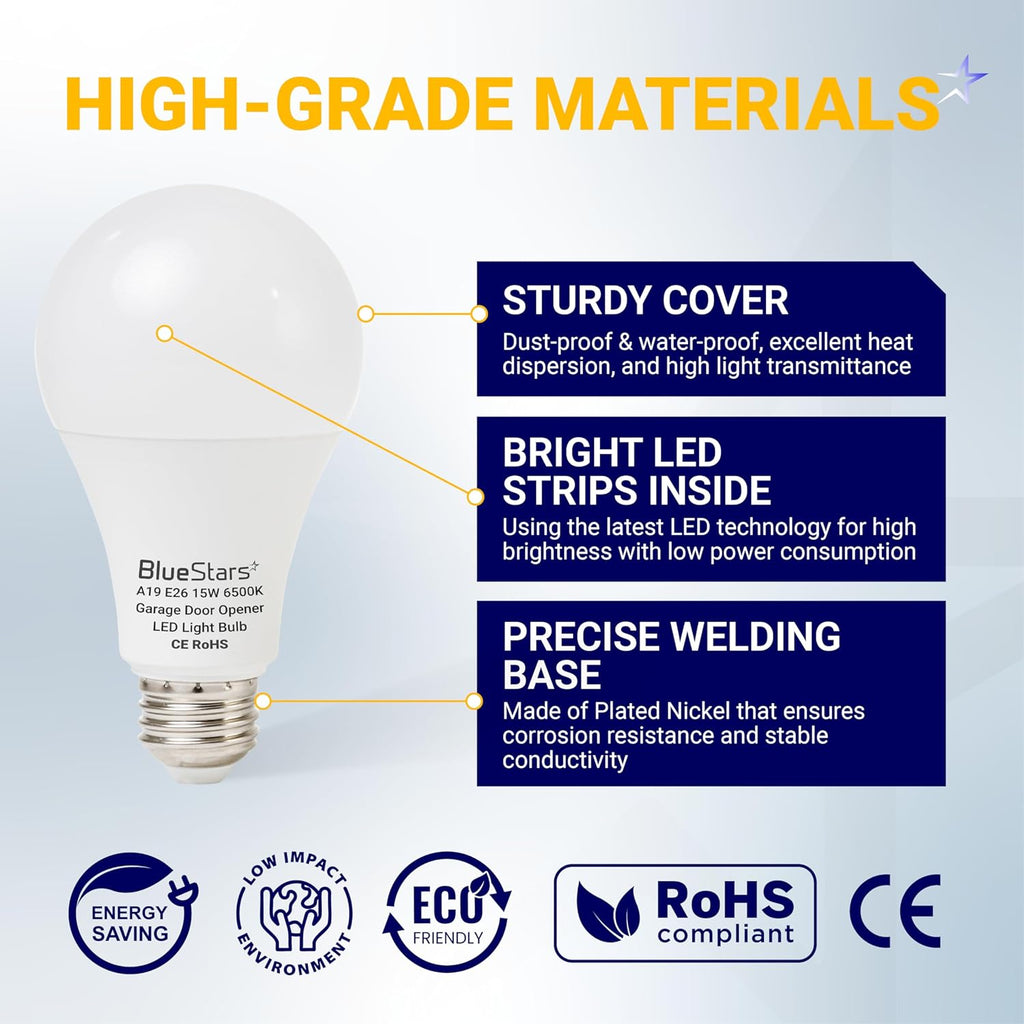15W A19 E26 LED Garage Door Opener Bulb 1500LM 120V 100W Equivalent - 2 Pack
