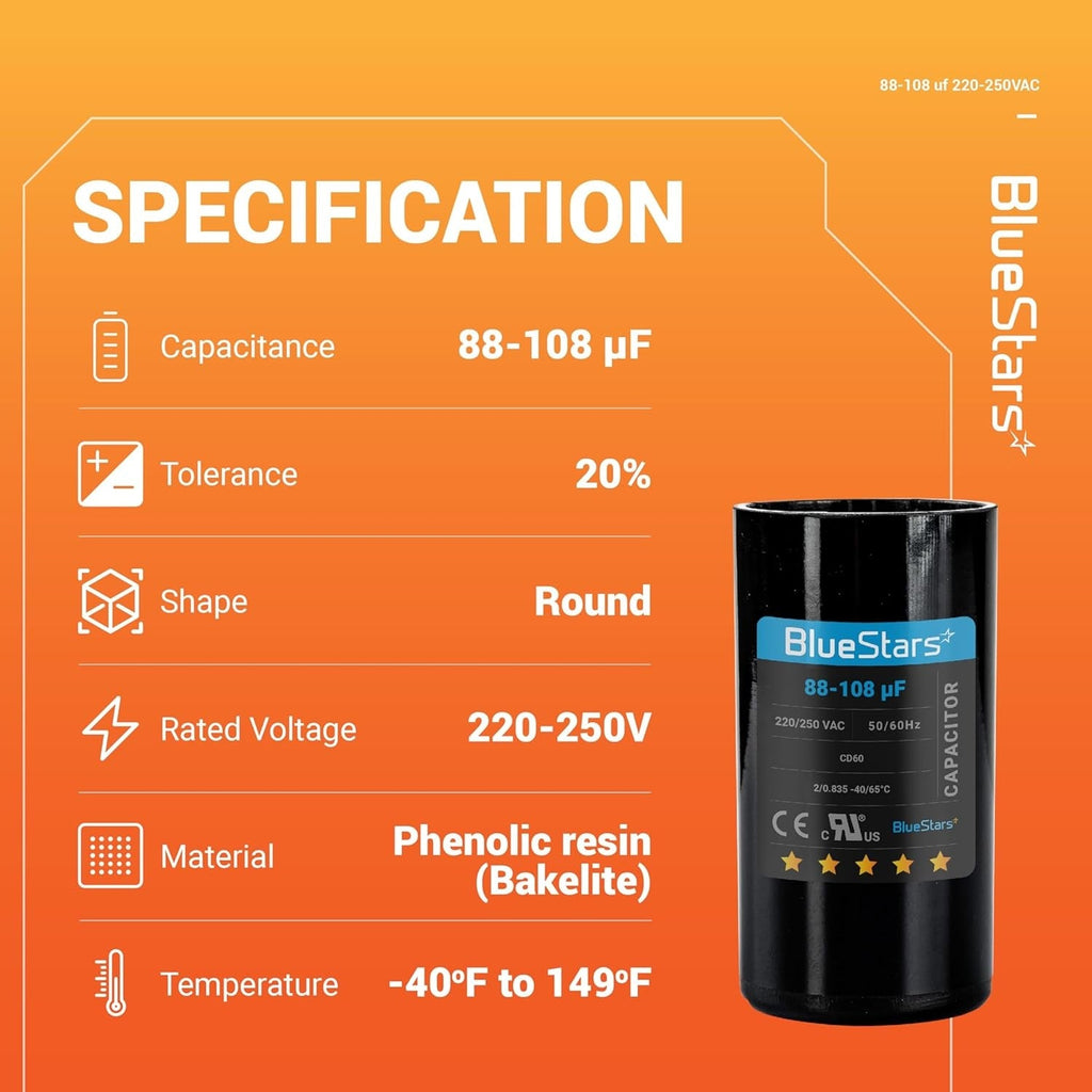 88-108 uF 220-250VAC Round Motor Start Capacitor for AC Fan Heat Pump