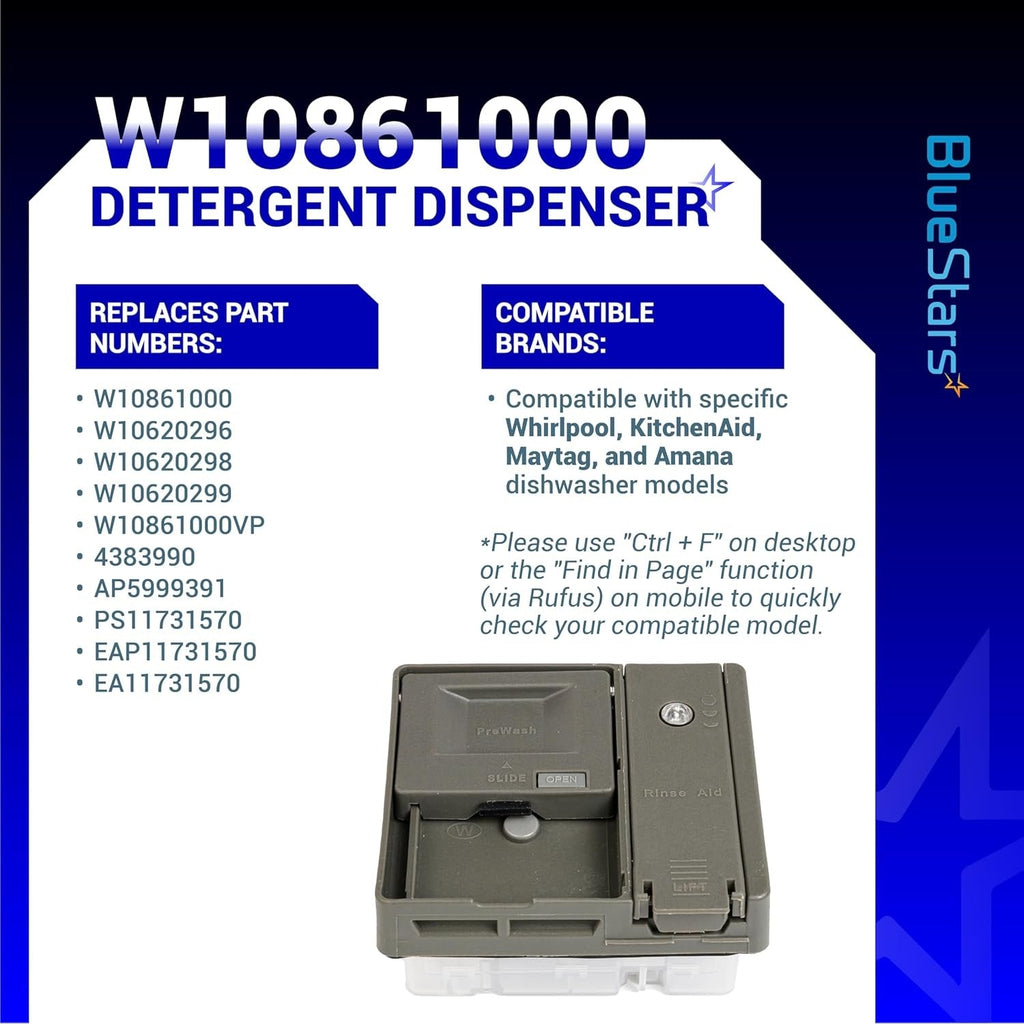 W10861000 Dishwasher Detergent Dispenser for Whirlpool KitchenAid, Replaces W10620296