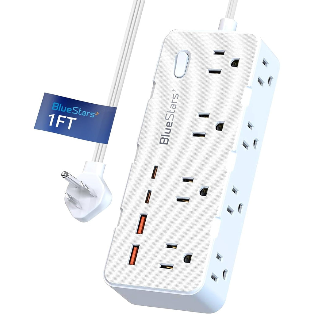Short Extension Cord 1Ft - 8 Outlets Power Strip Flat Plug Surge Protector with 4 USB