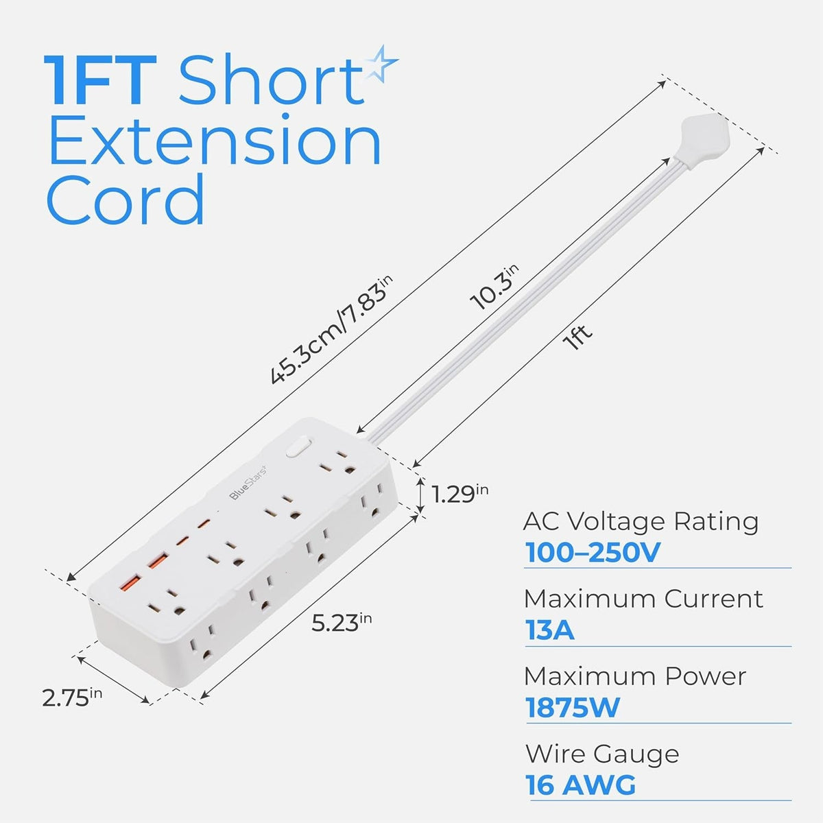 Short Extension Cord 1Ft - 8 Outlets Power Strip Flat Plug Surge Protector with 4 USB