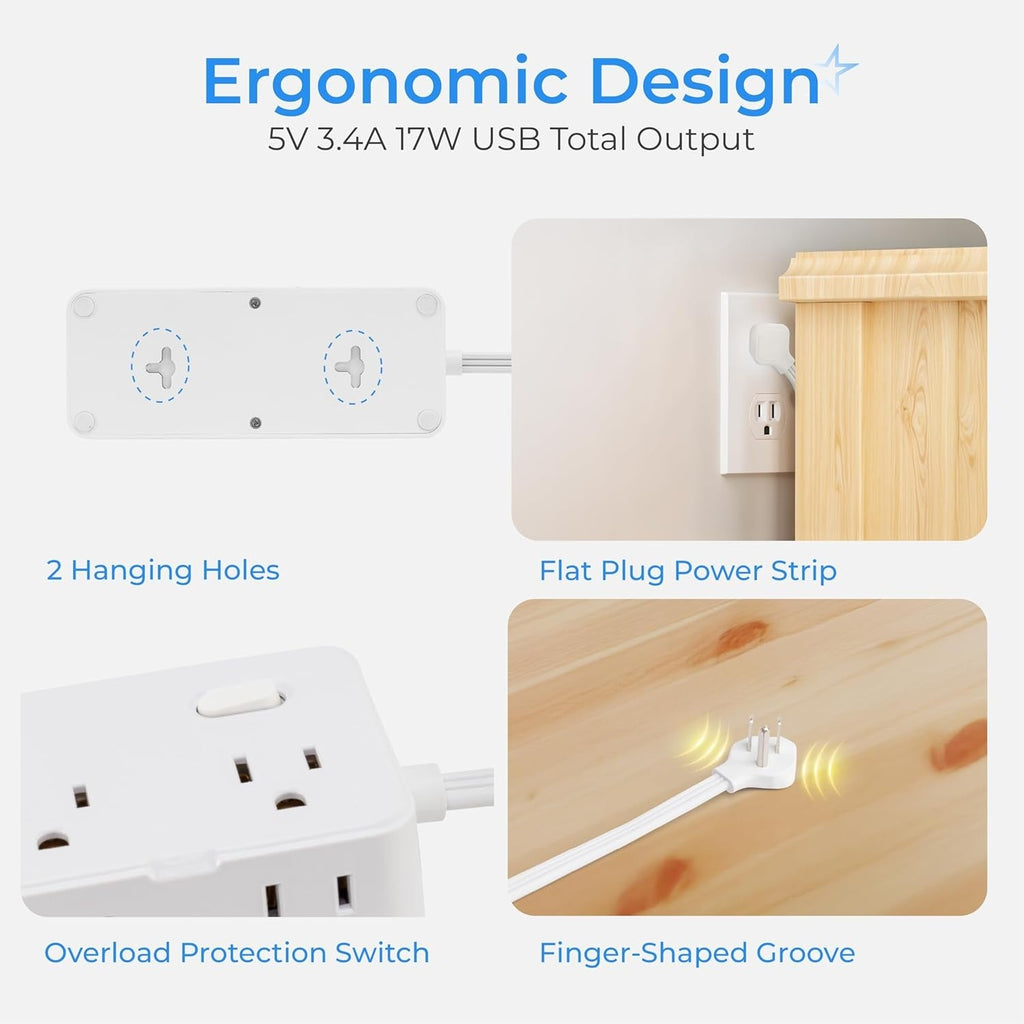 Short Extension Cord 1Ft - 8 Outlets Power Strip Flat Plug Surge Protector with 4 USB