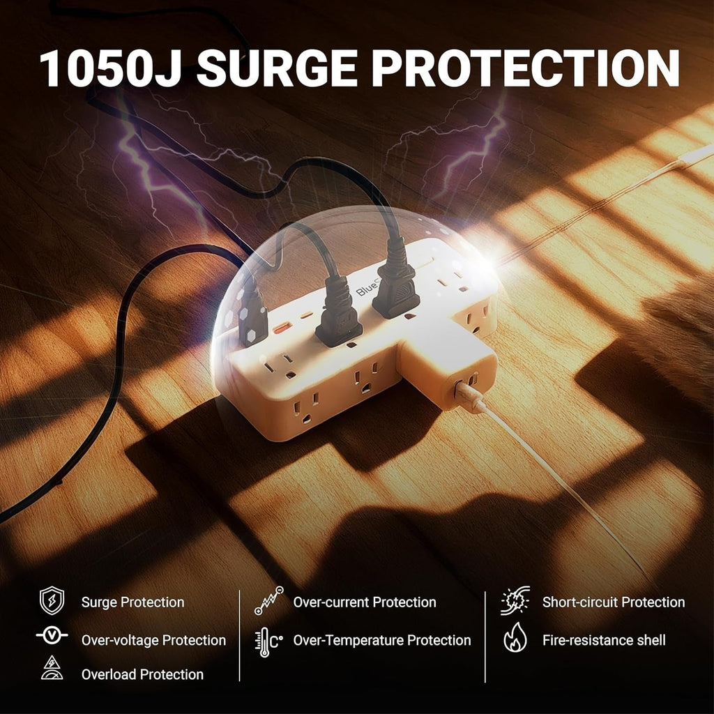 Short Extension Cord 1Ft - 8 Outlets Power Strip Flat Plug Surge Protector with 4 USB