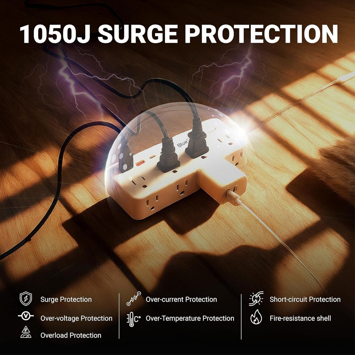 Short Extension Cord 1Ft - 8 Outlets Power Strip Flat Plug Surge Protector with 4 USB