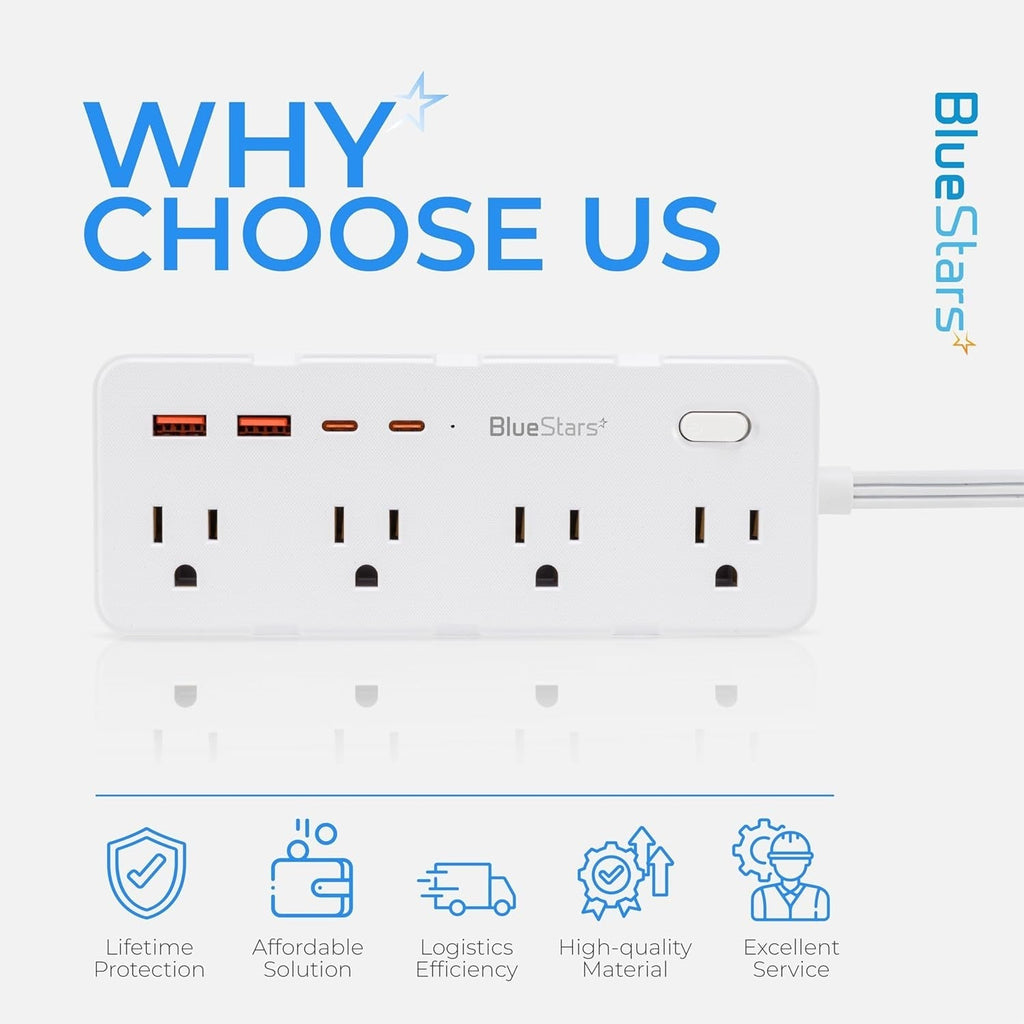 Short Extension Cord 1Ft - 8 Outlets Power Strip Flat Plug Surge Protector with 4 USB