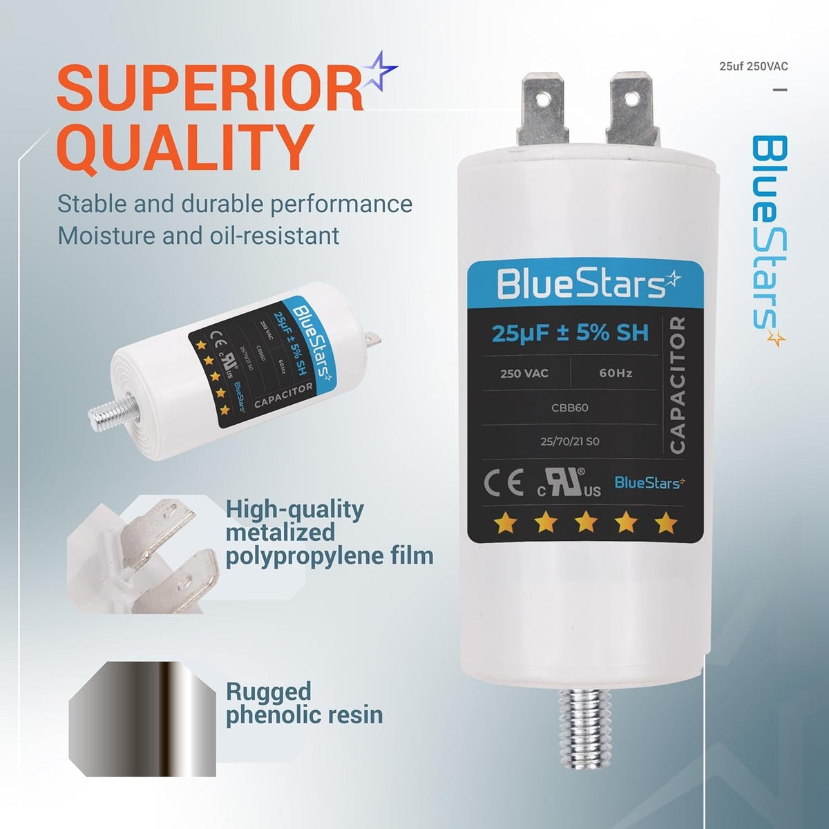 25 uF MFD 250 VAC CBB60 50/60 Hz Run Capacitor with Screw