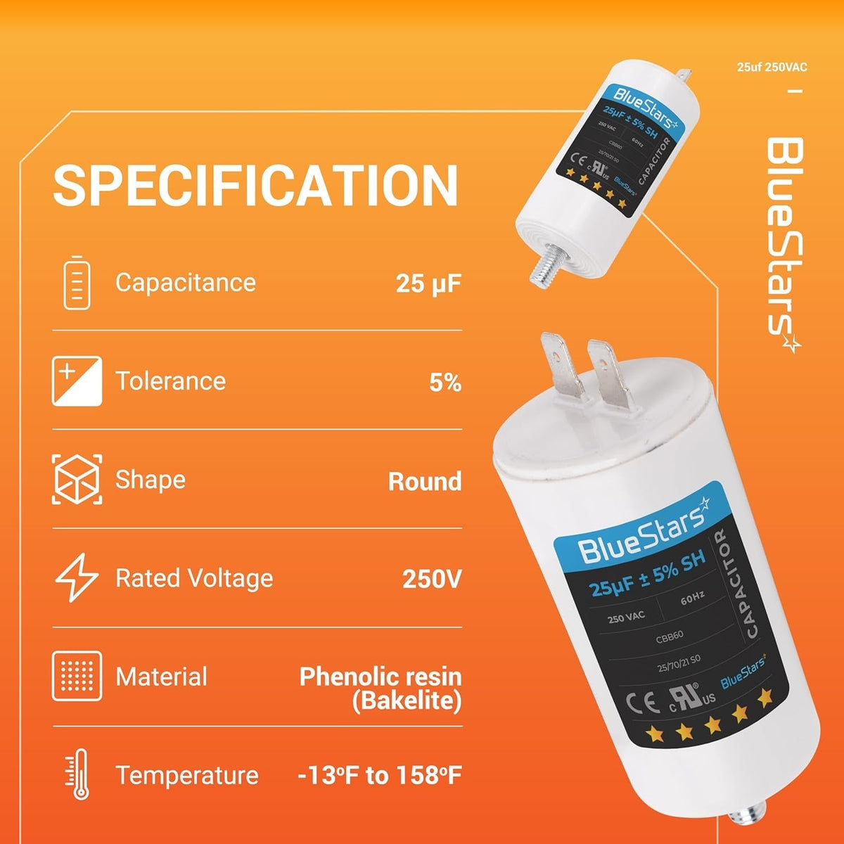 25 uF MFD 250 VAC CBB60 50/60 Hz Run Capacitor with Screw