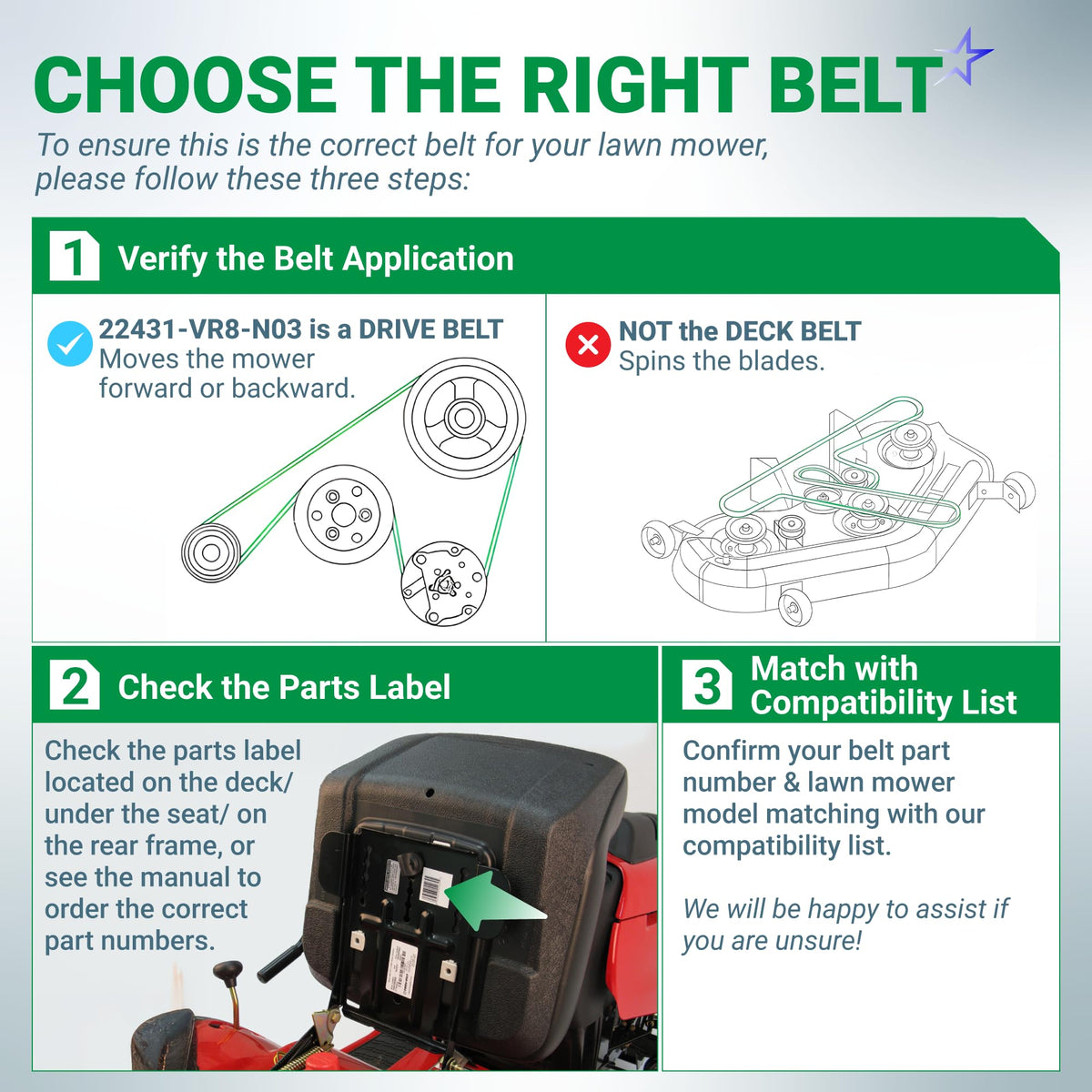 22431-VR8-N03 Drive Belt | Fits Honda 21" Walk-Behind Mowers HRN216 Series | 39.2"