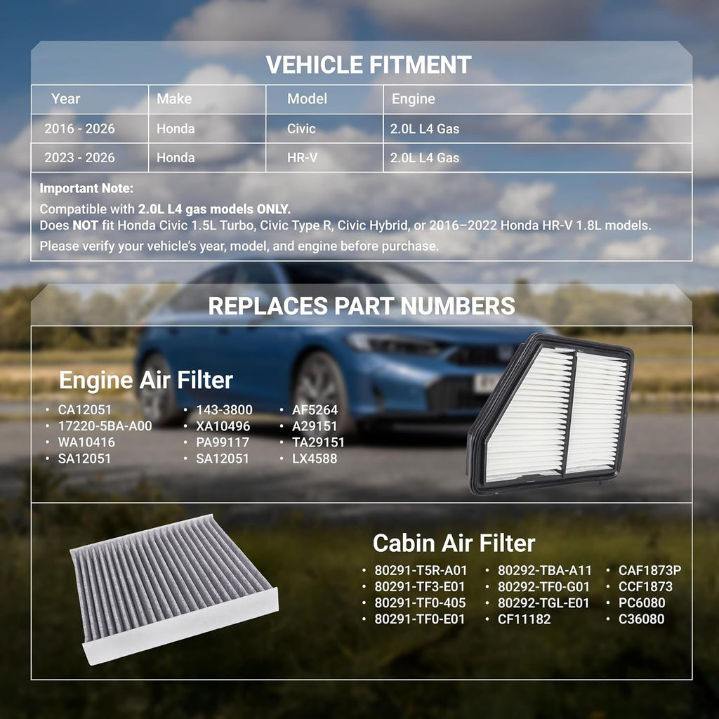 80291-T5R-A01 Cabin & CA12051 Engine Air Filter Kit - Honda Civic 2016–2026 2.0L, HR-V 2023–2026 2.0L