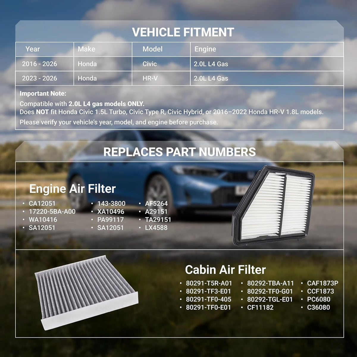 80291-T5R-A01 Cabin & CA12051 Engine Air Filter Kit - Honda Civic 2016–2026 2.0L, HR-V 2023–2026 2.0L