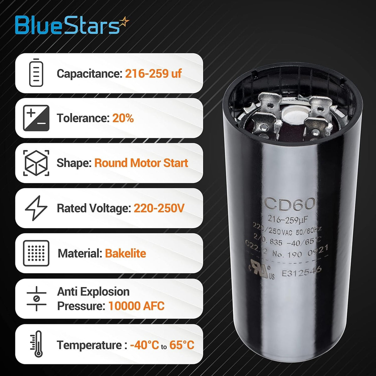 216-259 uF MFD 220-250V SC0080 CD60 Round Motor Start Capacitor for AC, Fan & Heat Pump