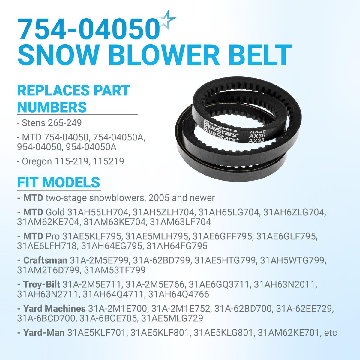954-04050A 754-04050A Snow Thrower Auger Belt for MTD Craftsman Troy-Bilt - 35"