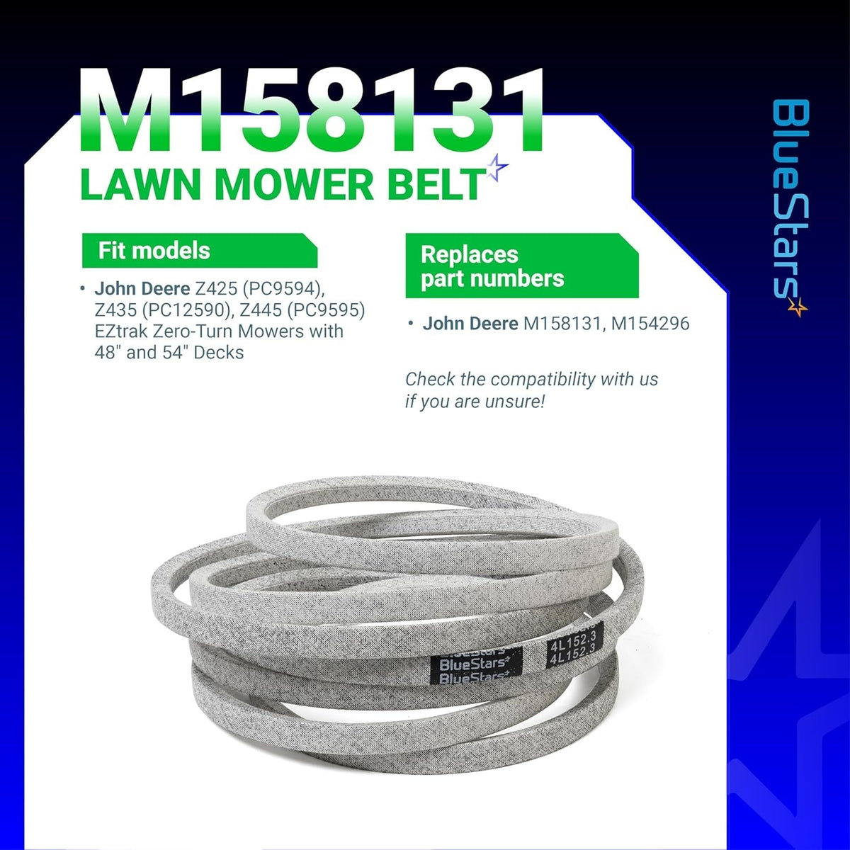 M154296 M158131 Deck Belt for John Deere Z425 Z435 Z445 48" 54" EZtrak, 152.3"